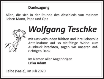 Traueranzeige von Wolfgang Teschke  von Magdeburger Volksstimme