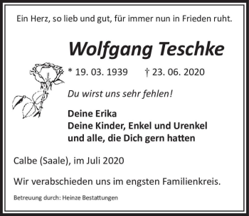 Traueranzeige von Wolfgang Teschke  von Magdeburger Volksstimme