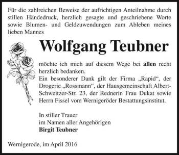 Traueranzeige von Wolfgang Teubner  von Magdeburger Volksstimme