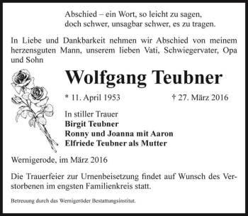 Traueranzeige von Wolfgang Teubner  von Magdeburger Volksstimme