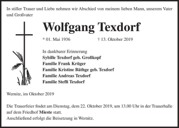 Traueranzeige von Wolfgang Texdorf  von Magdeburger Volksstimme