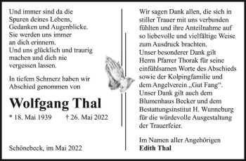 Traueranzeige von Wolfgang Thal  von Magdeburger Volksstimme