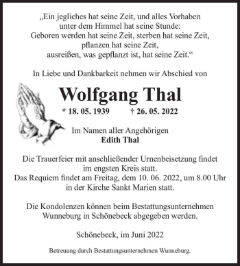 Traueranzeige von Wolfgang Thal  von Magdeburger Volksstimme