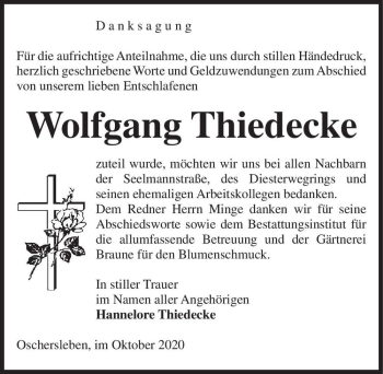 Traueranzeige von Wolfgang Thiedecke  von Magdeburger Volksstimme