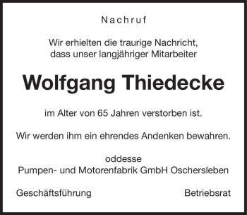 Traueranzeige von Wolfgang Thiedecke  von Magdeburger Volksstimme