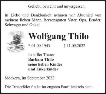 Traueranzeige von Wolfgang Thilo  von Magdeburger Volksstimme