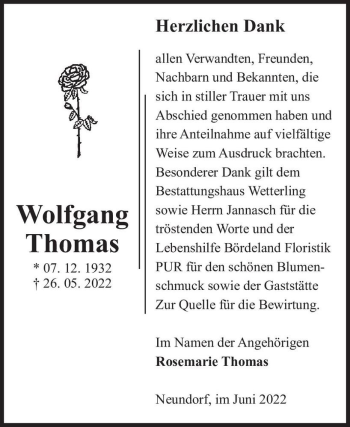 Traueranzeige von Wolfgang Thomas  von Magdeburger Volksstimme