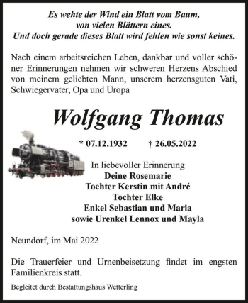 Traueranzeige von Wolfgang Thomas  von Magdeburger Volksstimme