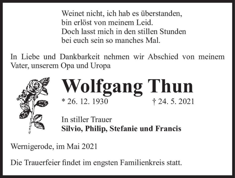  Traueranzeige für Wolfgang Thun  vom 29.05.2021 aus Magdeburger Volksstimme
