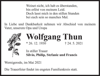 Traueranzeige von Wolfgang Thun  von Magdeburger Volksstimme