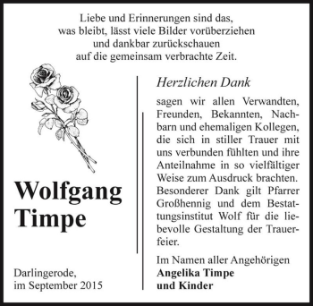 Traueranzeige von Wolfgang Timpe  von Magdeburger Volksstimme