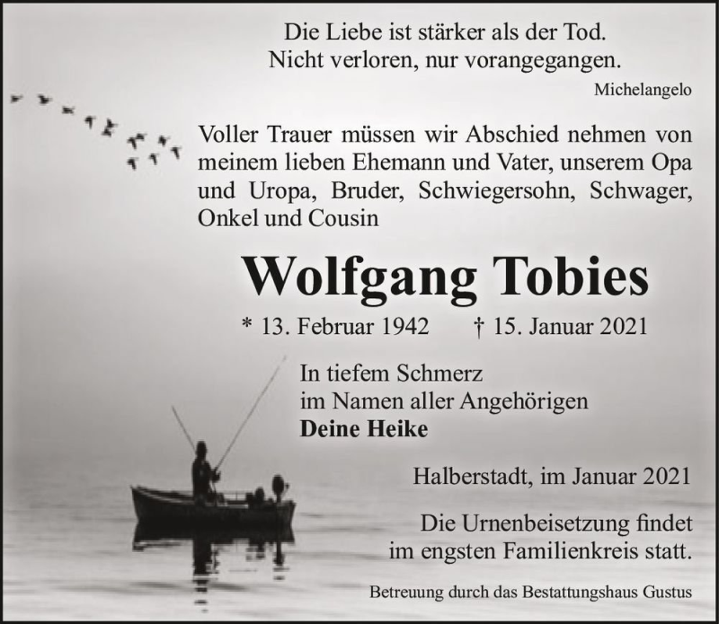  Traueranzeige für Wolfgang Tobies  vom 23.01.2021 aus Magdeburger Volksstimme