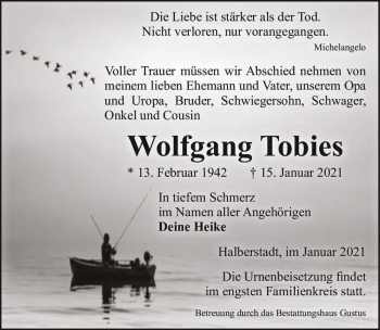 Traueranzeige von Wolfgang Tobies  von Magdeburger Volksstimme