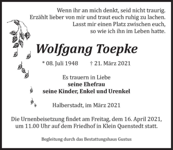 Traueranzeige von Wolfgang Toepke  von Magdeburger Volksstimme