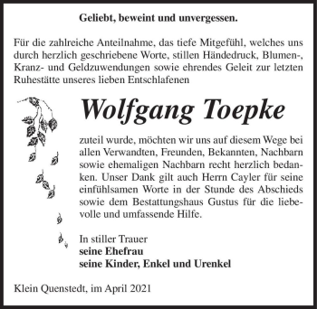 Traueranzeige von Wolfgang Toepke  von Magdeburger Volksstimme