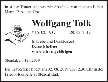 Traueranzeige von Wolfgang Tolk  von Magdeburger Volksstimme