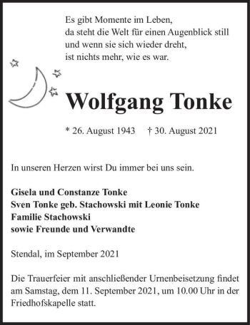 Traueranzeige von Wolfgang Tonke  von Magdeburger Volksstimme