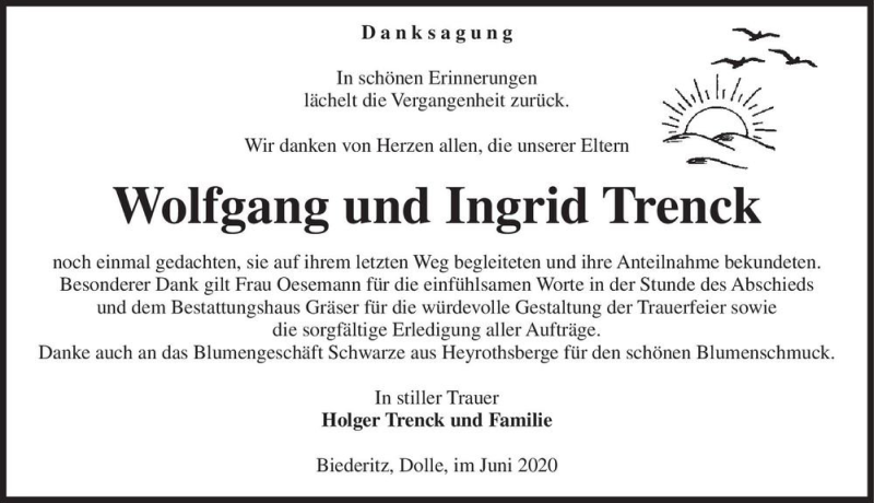  Traueranzeige für Wolfgang Trenck & Ingrid Trenck  vom 12.06.2020 aus Magdeburger Volksstimme