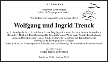 Traueranzeige von Wolfgang Trenck & Ingrid Trenck  von Magdeburger Volksstimme