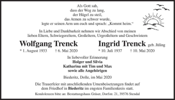 Traueranzeige von Wolfgang Trenck, Ingrid Trenck (geb. Jüling)  von Magdeburger Volksstimme