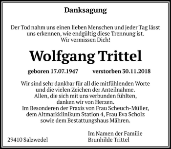 Traueranzeige von Wolfgang Trittel  von Magdeburger Volksstimme