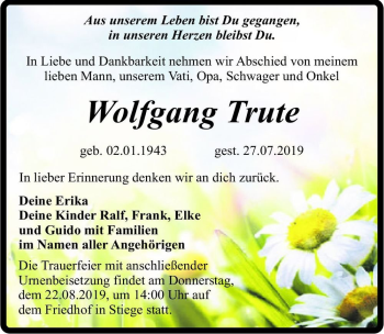 Traueranzeige von Wolfgang Trute  von Magdeburger Volksstimme