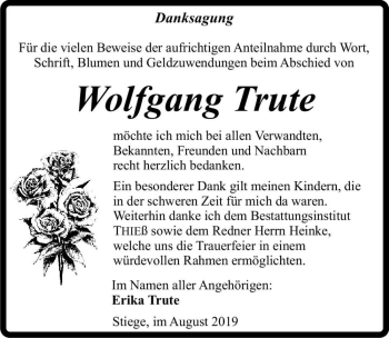 Traueranzeige von Wolfgang Trute  von Magdeburger Volksstimme