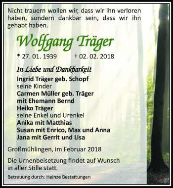 Traueranzeige von Wolfgang Träger  von Magdeburger Volksstimme
