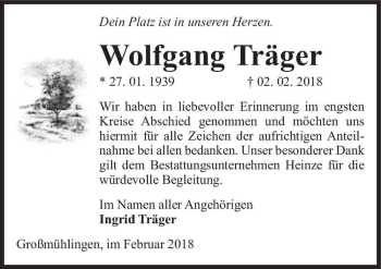 Traueranzeige von Wolfgang Träger  von Magdeburger Volksstimme