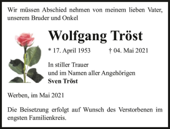 Traueranzeige von Wolfgang Tröst  von Magdeburger Volksstimme