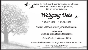 Traueranzeige von Wolfgang Uebe  von Magdeburger Volksstimme
