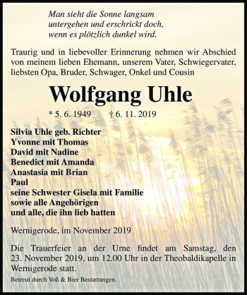 Traueranzeige von Wolfgang Uhle  von Magdeburger Volksstimme
