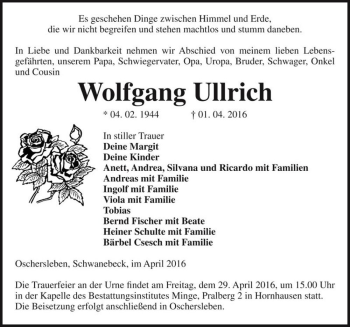 Traueranzeige von Wolfgang Ullrich  von Magdeburger Volksstimme