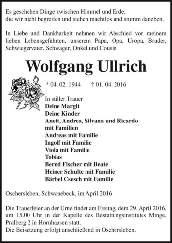 Traueranzeige von Wolfgang Ullrich  von Magdeburger Volksstimme
