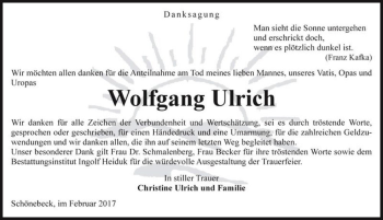 Traueranzeige von Wolfgang Ulrich  von Magdeburger Volksstimme
