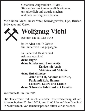 Traueranzeige von Wolfgang Viohl  von Magdeburger Volksstimme