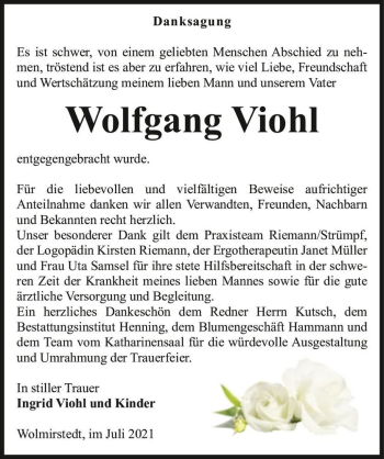 Traueranzeige von Wolfgang Viohl  von Magdeburger Volksstimme