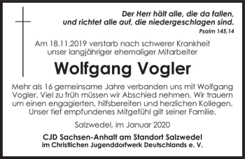 Traueranzeige von Wolfgang Vogler  von Magdeburger Volksstimme