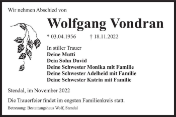 Traueranzeige von Wolfgang Vondran  von Magdeburger Volksstimme