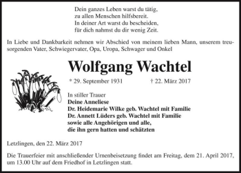Traueranzeige von Wolfgang Wachtel  von Magdeburger Volksstimme