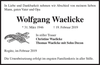 Traueranzeige von Wolfgang Waelicke  von Magdeburger Volksstimme