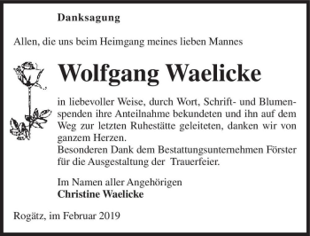 Traueranzeige von Wolfgang Waelicke  von Magdeburger Volksstimme