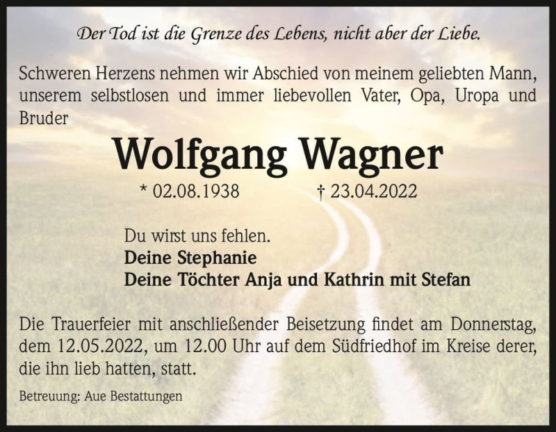  Traueranzeige für Wolfgang Wagner  vom 30.04.2022 aus Magdeburger Volksstimme