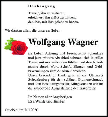Traueranzeige von Wolfgang Wagner  von Magdeburger Volksstimme
