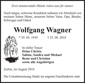 Traueranzeige von Wolfgang Wagner  von Magdeburger Volksstimme