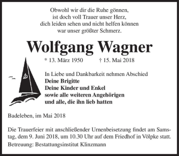 Traueranzeige von Wolfgang Wagner  von Magdeburger Volksstimme