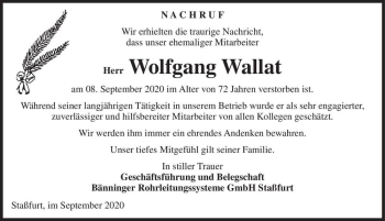 Traueranzeige von Wolfgang Wallat  von Magdeburger Volksstimme