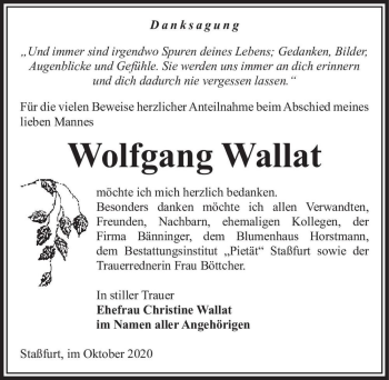 Traueranzeige von Wolfgang Wallat  von Magdeburger Volksstimme