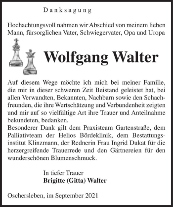 Traueranzeige von Wolfgang Walter  von Magdeburger Volksstimme