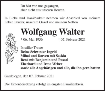 Traueranzeige von Wolfgang Walter  von Magdeburger Volksstimme